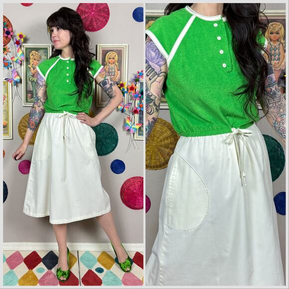 Vintage 1970s  Lime Green Terry Cloth Short Sleeve A-Line Midi Dress - Picture 1 of 8